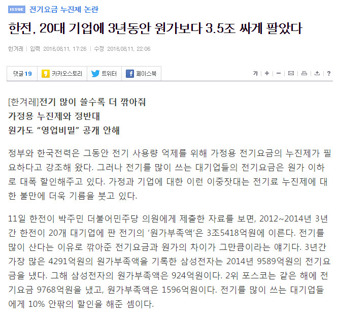 한전, 20대 기업에 3년동안 원가보다 3.5조 싸게 팔았다 | 인스티즈